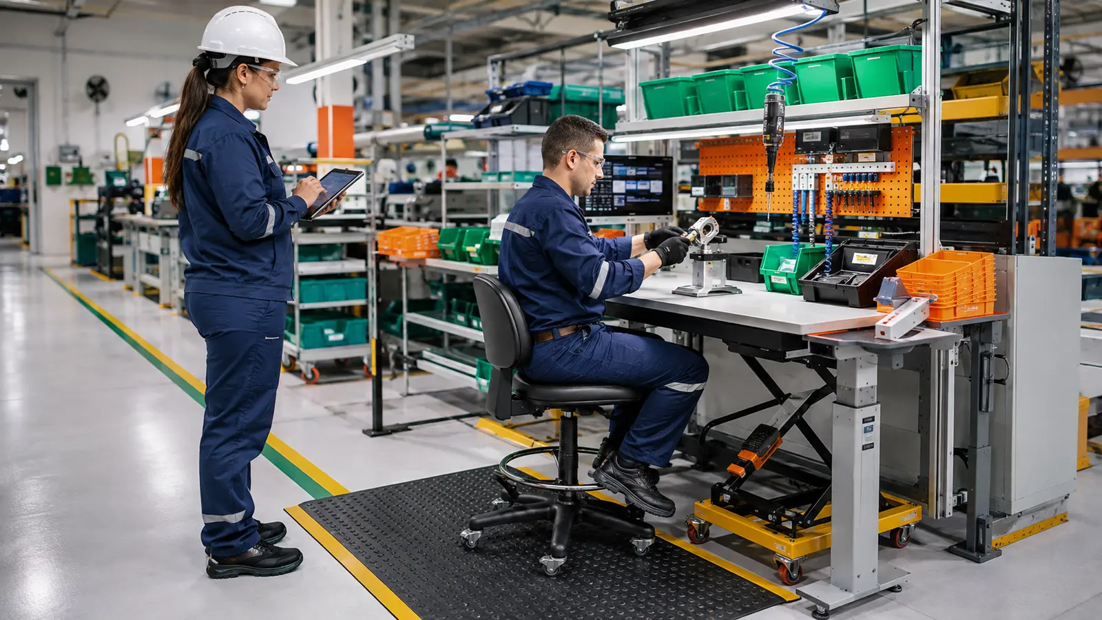 Profissional avalia ergonomia no trabalho em posto de montagem industrial