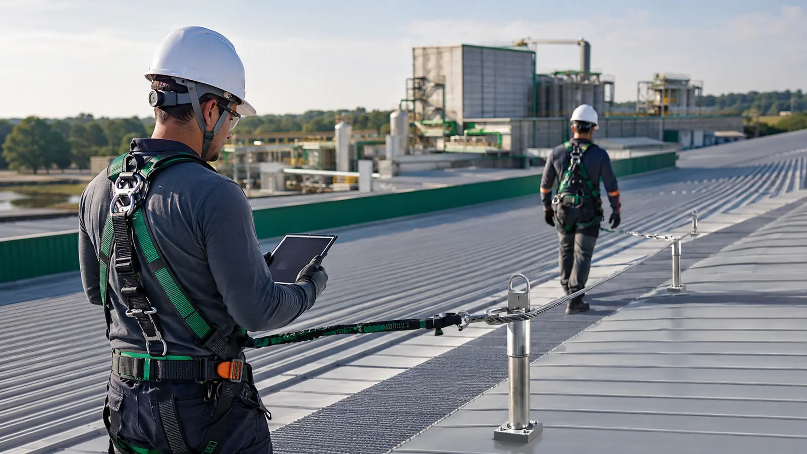 Profissionais conectados a uma linha de vida horizontal em cobertura industrial