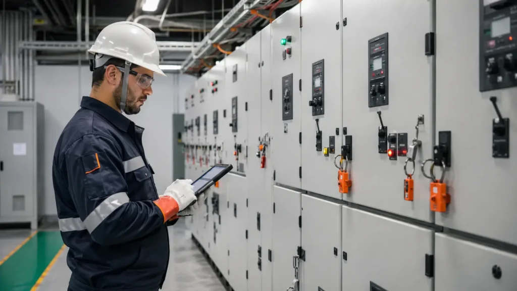 Engenheiro eletricista inspecionando painéis industriais para organização do prontuário NR-10