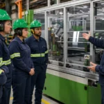 Instrutor conduz treinamento NR-12 com operadores diante de máquina industrial protegida